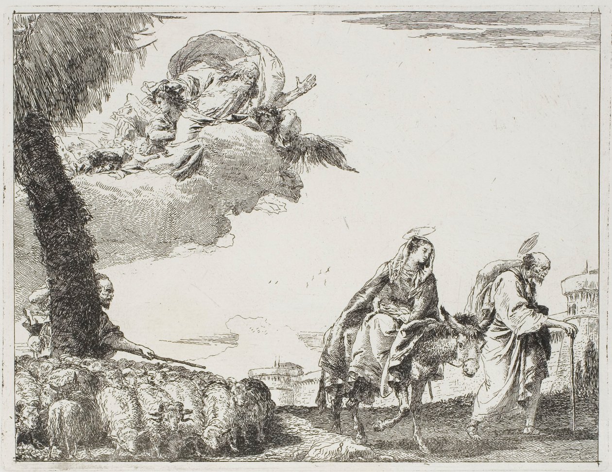 The Holy Family Walking Along a City Wall. On the left, a Shepherd with his Flock and God the Father, plate eight from The Flight into Egypt by Giovanni Domenico Tiepolo