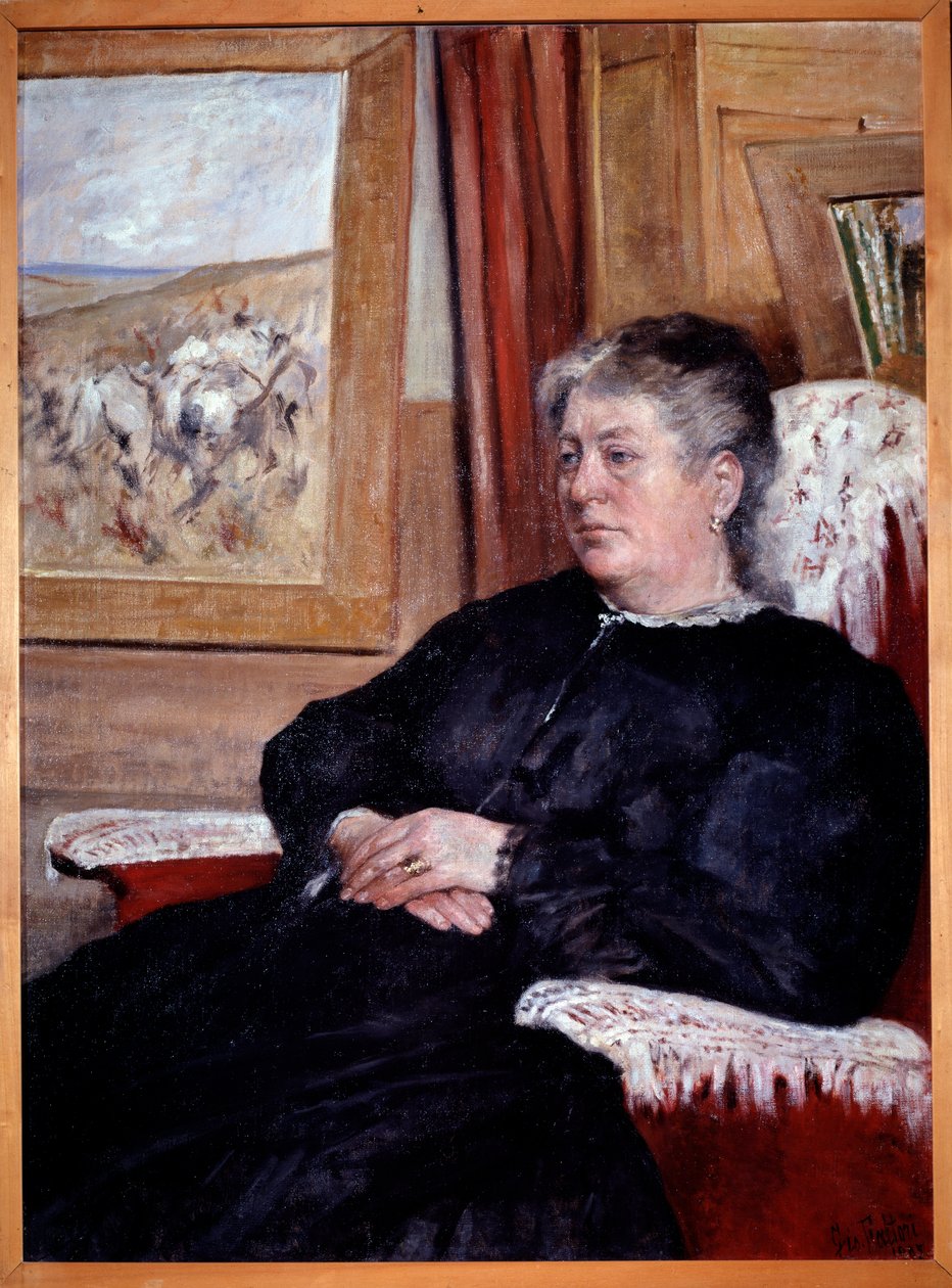 An old woman in an armchair wearing a black dress by Giovanni Fattori