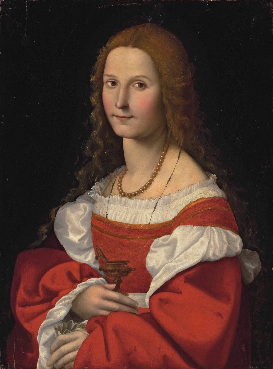 Portrait of a Lady as Mary Magdalene, Half-Length, in a Red Dress and Pearl Necklace by Giovanni Francesco Caroto