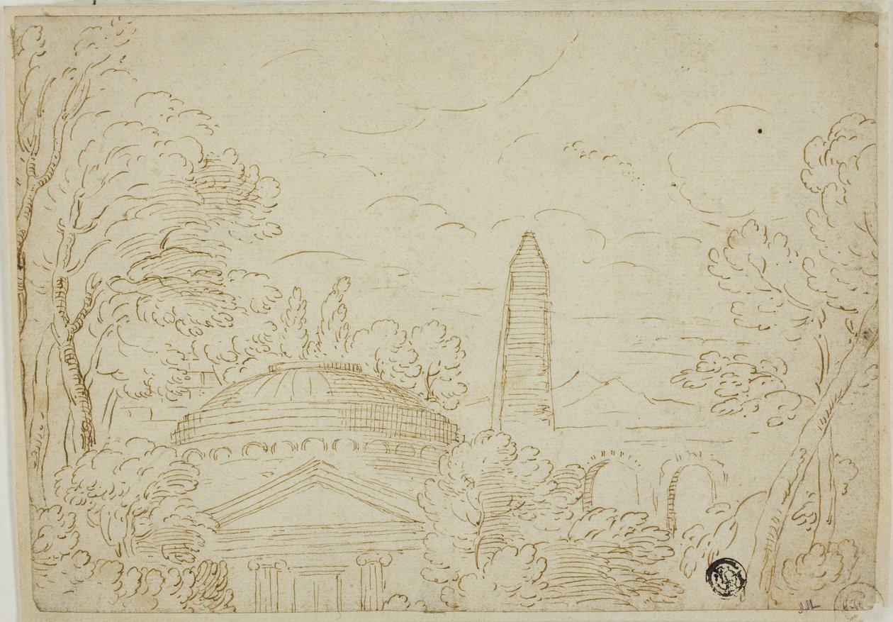 Landscape with Temple, Obelisk and Aqueduct by Giovanni Francesco Grimaldi
