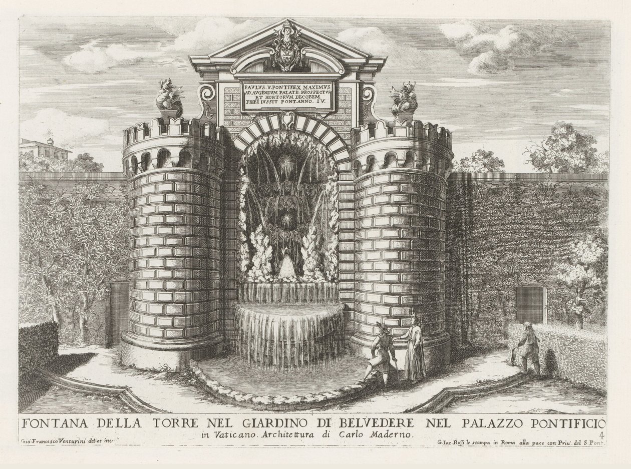 Fountain in the Vatican Gardens (title on object: Fountain of the Tower in the Garden of Belvedere in the Pontifical Palace) (series title: The Fountains in the Palaces and Gardens of Rome) by Giovanni Francesco Venturini