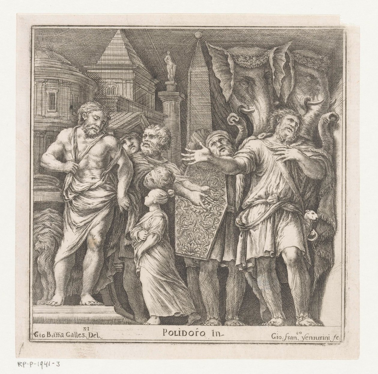 Group of Figures and Two Elephants in a City by Giovanni Francesco Venturini