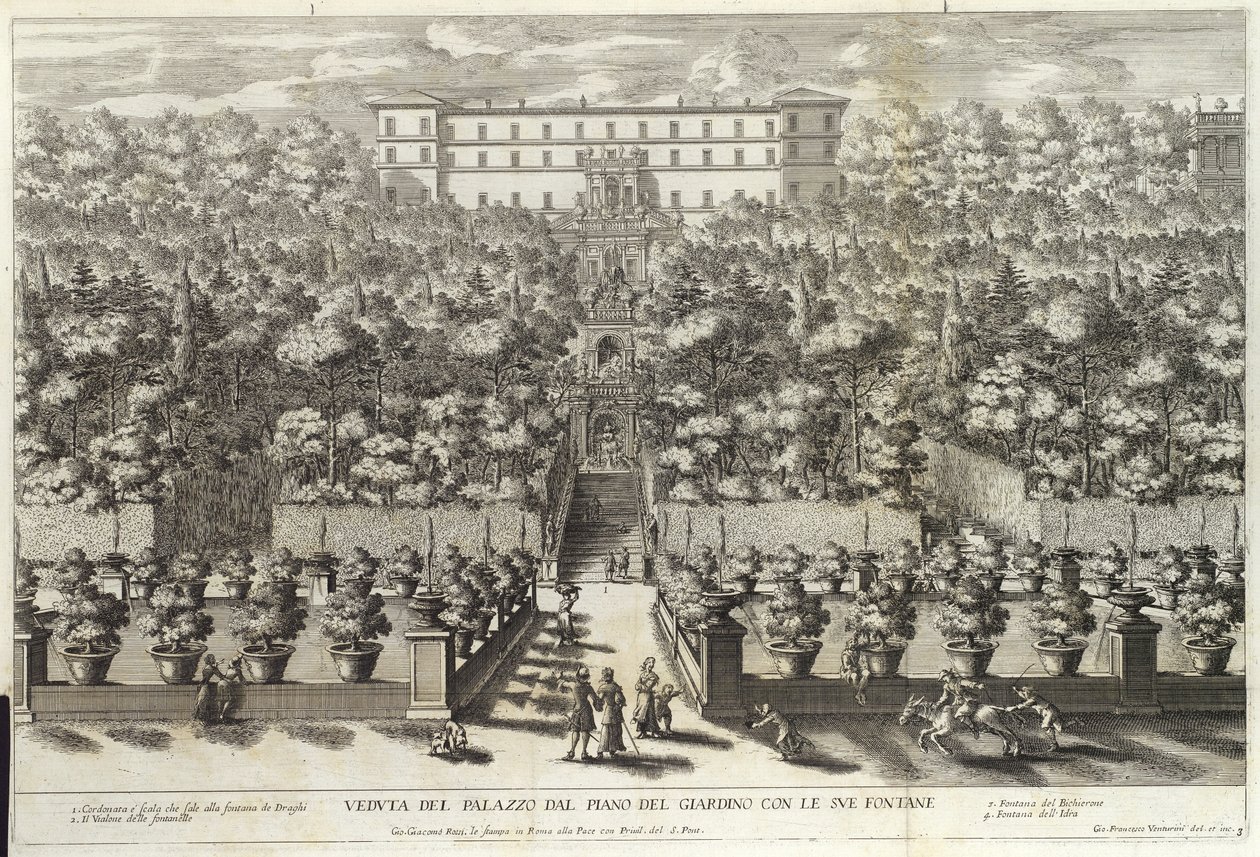 View of the Palace from the Garden Level with its Fountains, from La Fontane, pub. c 1691 by Giovanni Francesco Venturini