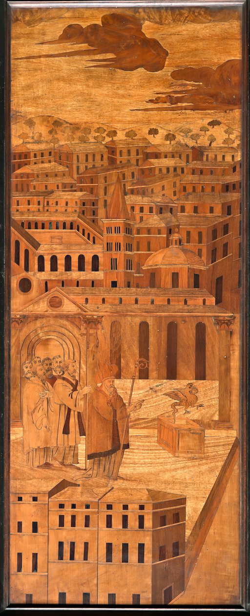 Genoa, Duomo (St Lawrence Cathedral), inside, apse, choir, North side: "St Syrus drives away the basilisk", wood intarsia by Anselmo De