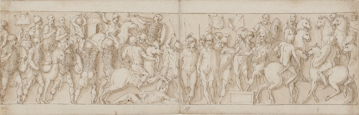 A Sarmatian village is destroyed under the eyes of the emperor; barbarians look on from a stand; Marcus Aurelius receives a mounted German messenger on horseback by Giovanni Guerra