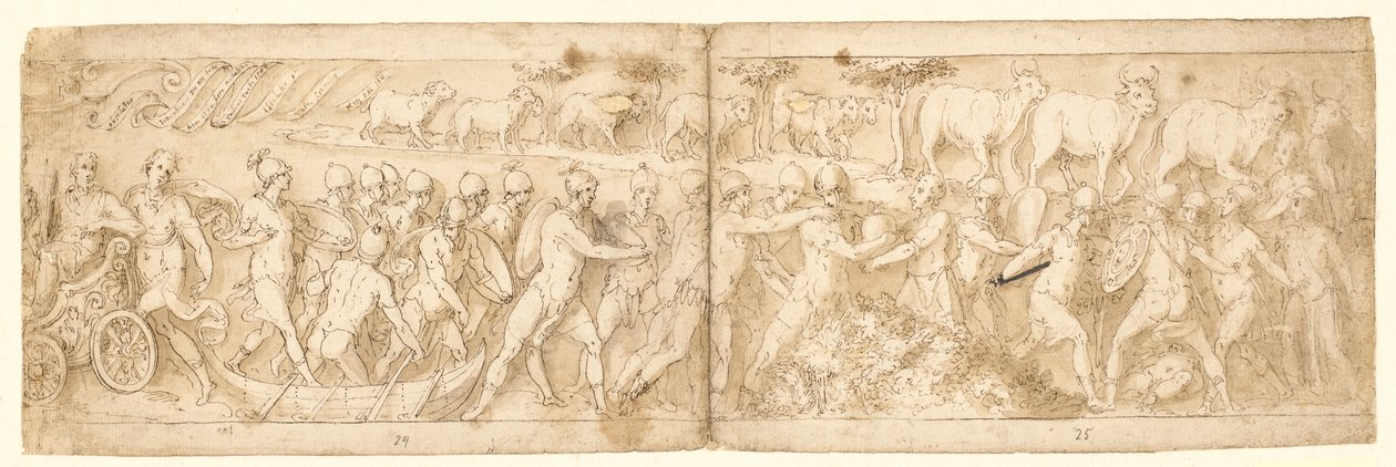 Barbarian Fugitives and Their Animals are Brought Out of Their Hiding-Place; at Upper Left the End of a Cartouche with a Scroll by Giovanni Guerra