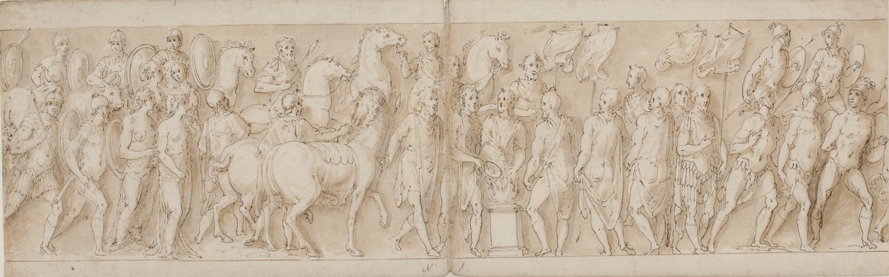 Captured Women are Taken Away (end of LXXIII); Parade of the Lifeguards (LXXIV); Marcus Aurelius Sacrifices at an Altar (LXXV); Marcus Aurelius Watches an Attack (beginning of LXXVI) by Giovanni Guerra