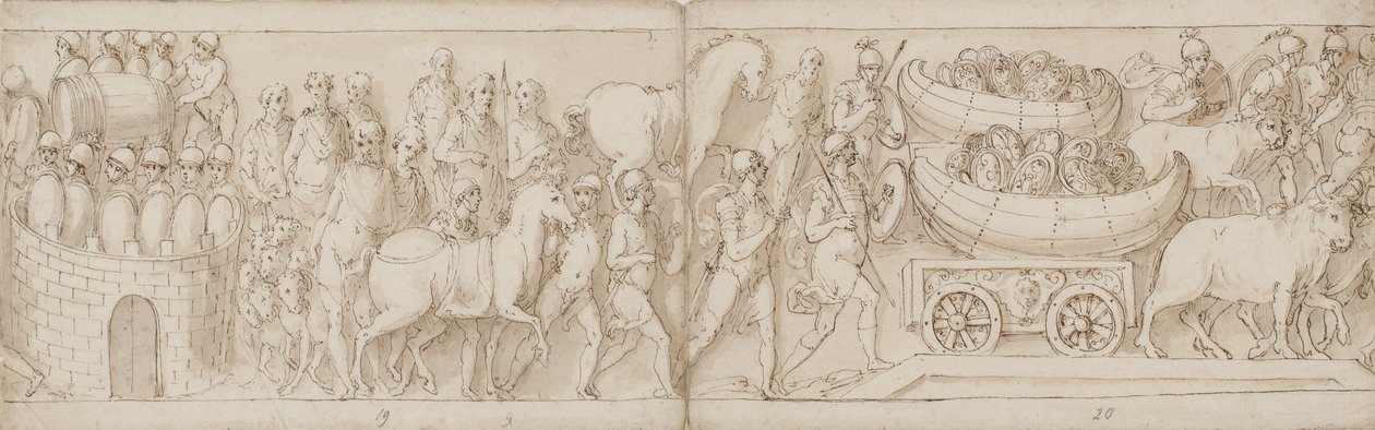 The Besieged Romans Receive Reinforcements from the Other Side, the Romans on the March with the Emperor; Shields in Boats are Pulled Over a Bridge on Ox-Carts by Giovanni Guerra