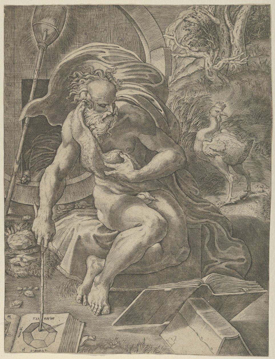 Diogenes Seated with His Barrel Behind Him, and Reading a Book While Holding a Stick by Giovanni Jacopo Caraglio
