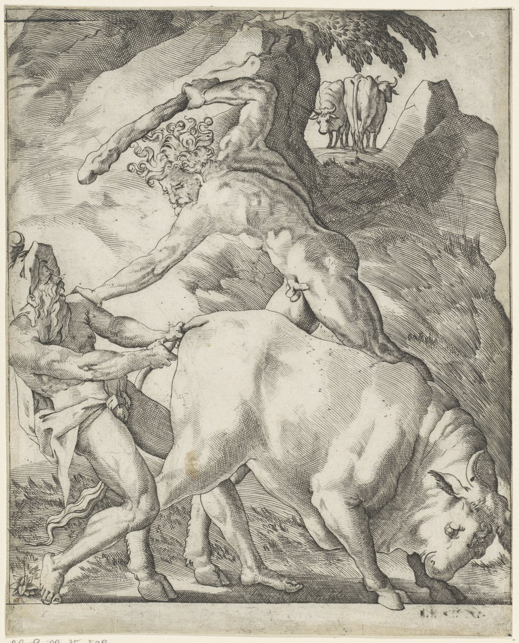 Hercules Fighting Cacus Scenes with Hercules (series title) by Giovanni Jacopo Caraglio