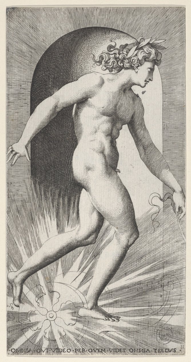 Apollo riding his chariot in a niche, facing right, from a series of mythological scenes, 1526 by Giovanni Jacopo Caraglio