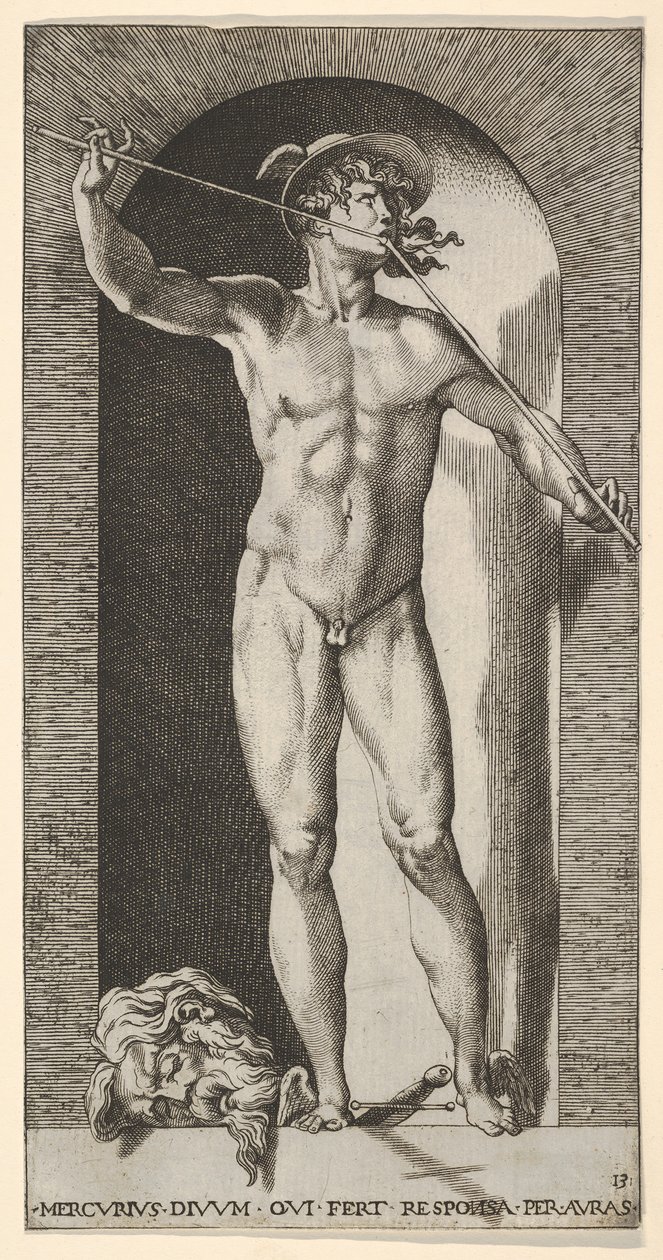 Mercury Standing in a Niche Playing His Pipes, with the Severed Head of an Old Man by Giovanni Jacopo Caraglio