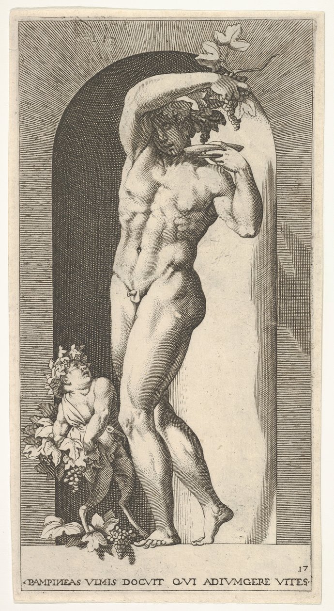 Bacchus Standing in a Niche, Holding Grapes Over a Plate, Accompanied by an Infant by Giovanni Jacopo Caraglio