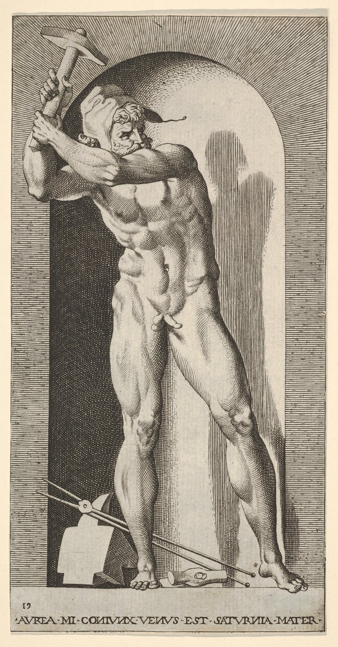 Plate 19: Vulcan Standing in a Niche Swinging a Hammer, with an Anvil, Hammer, and Tongs by Giovanni Jacopo Caraglio