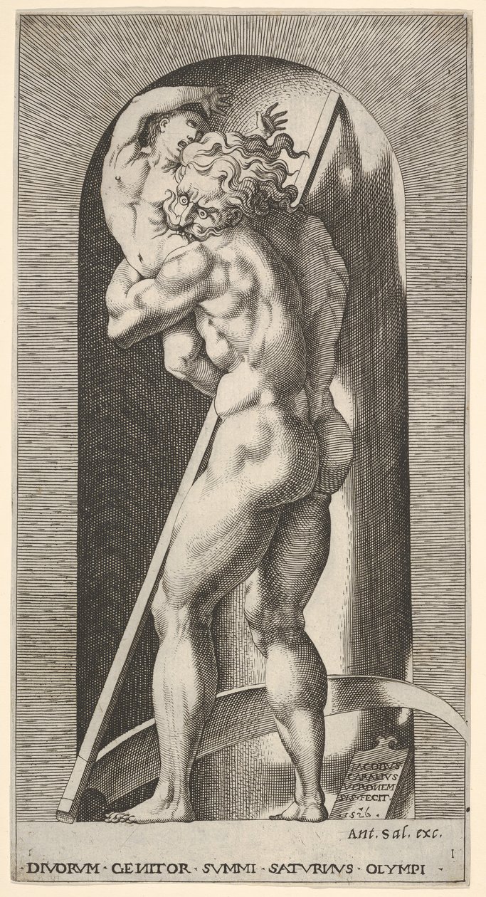 Plate 1: Saturn in a niche devouring his son, standing before a scythe by Giovanni Jacopo Caraglio