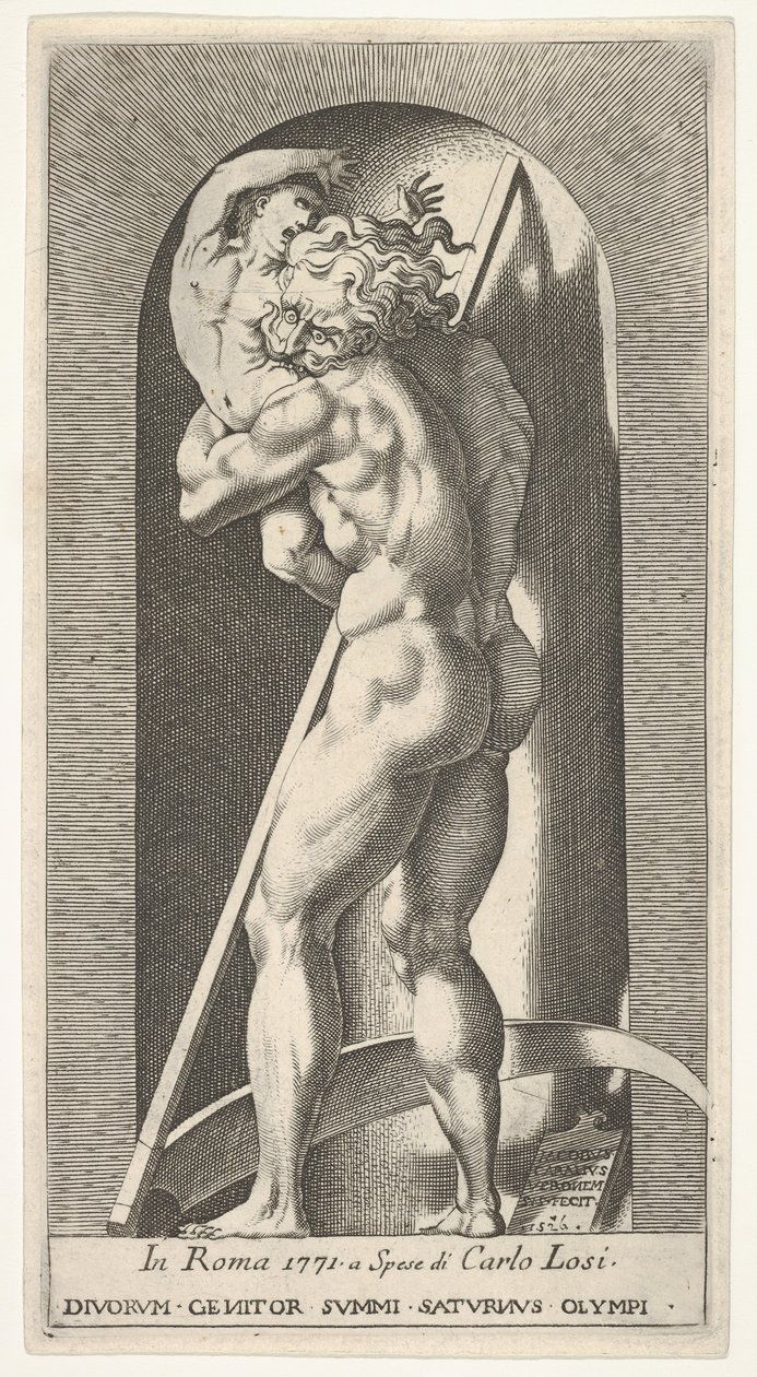 Plate 1: Saturn in a Niche Devouring His Son, Standing Before a Scythe by Giovanni Jacopo Caraglio