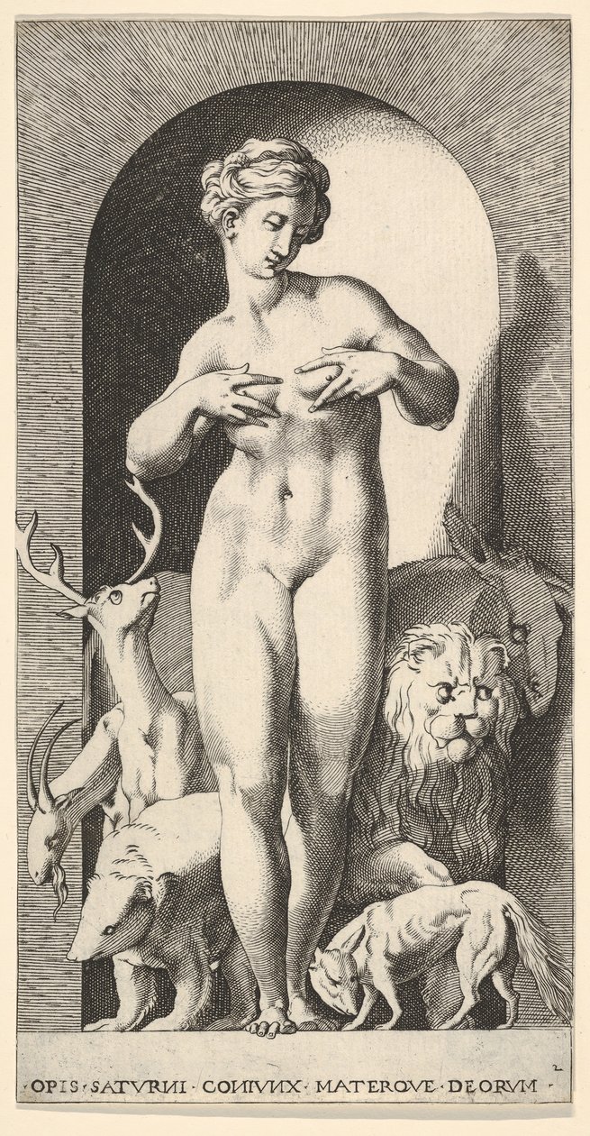Plate 2: Ops standing in a niche with her hands at her breasts, looking to her left, with ..., 1526 by Giovanni Jacopo Caraglio