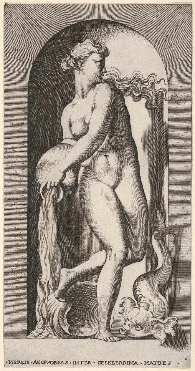 Plate 6: Thetis Standing in a Niche with a Shell and Sea Creature, Pouring Water, 1526 by Giovanni Jacopo Caraglio