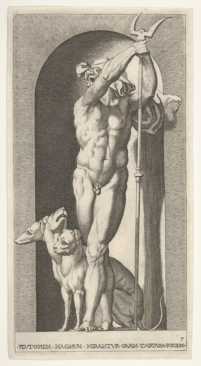 Plate 7: Pluto in a Niche, Holding a Bident, with Cerberus Next to Him, from a Series of... by Giovanni Jacopo Caraglio