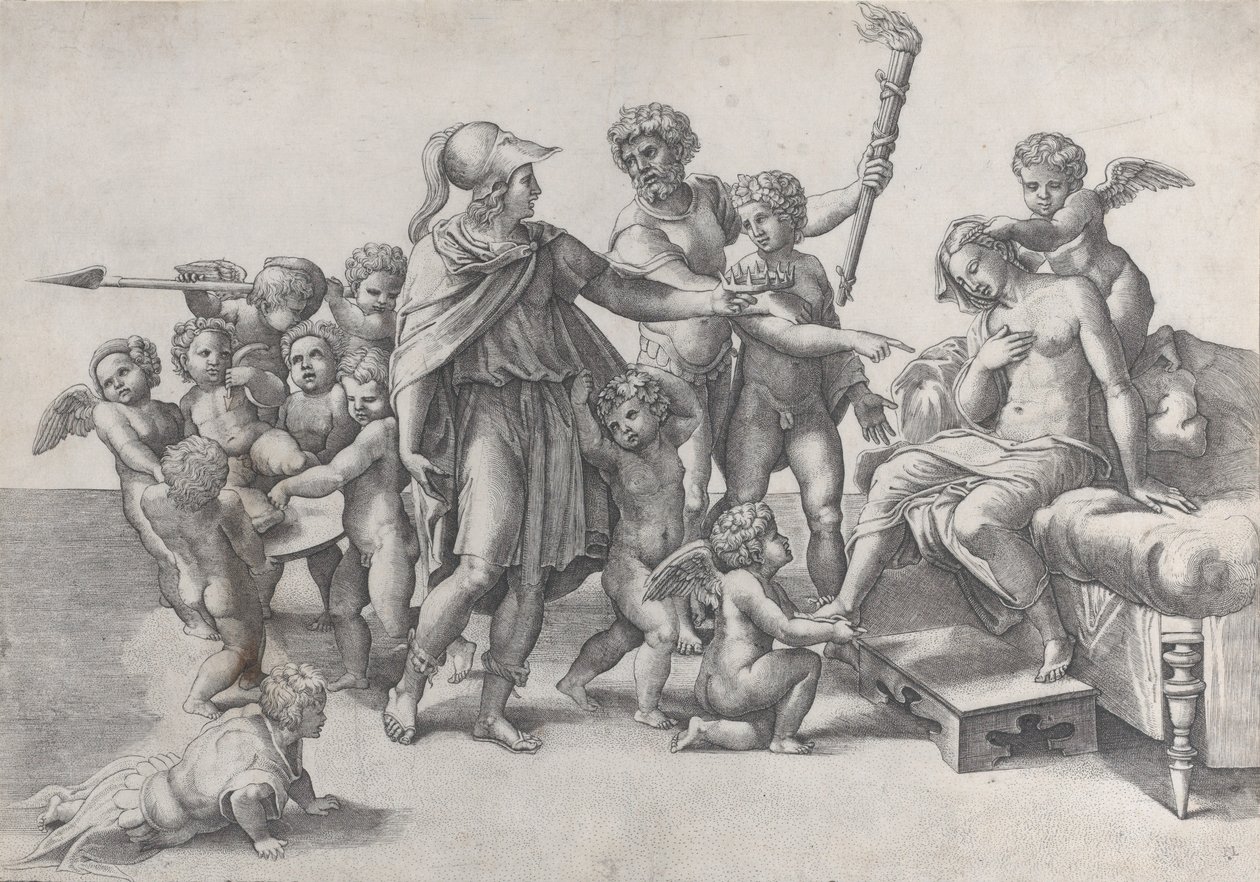 The marriage of Alexander and Roxana, Alexander surrounded by putti, offering a crown by Giovanni Jacopo Caraglio