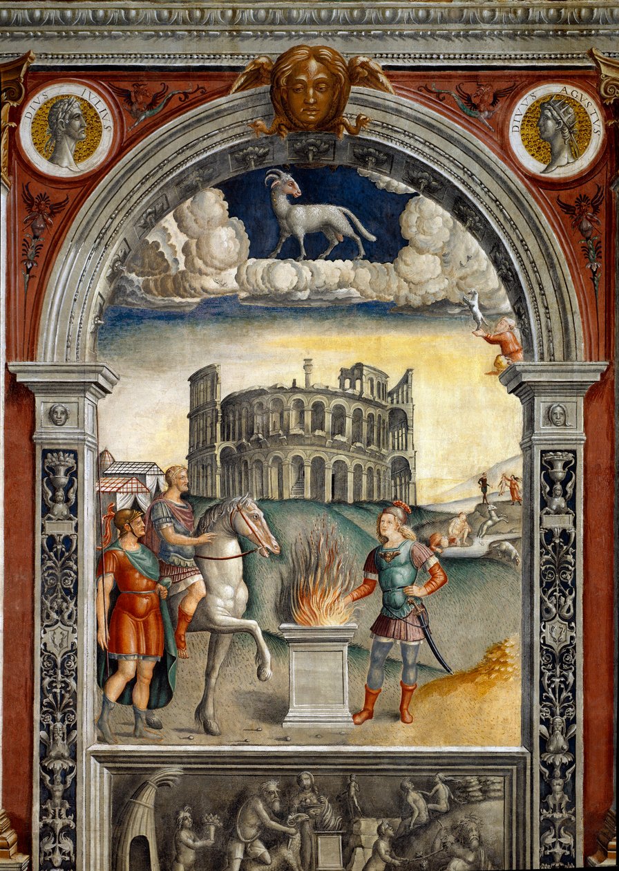 Sign of the Zodiac: The Ram. On top medallions with portraits of Julius Caesar and Augustus. Below, legend associated with the birth of the constellation corresponding to the sign: Caius Mucius Scaevola, introduced into the enemy camp of Etruscan king by Giovanni Maria Falconetto