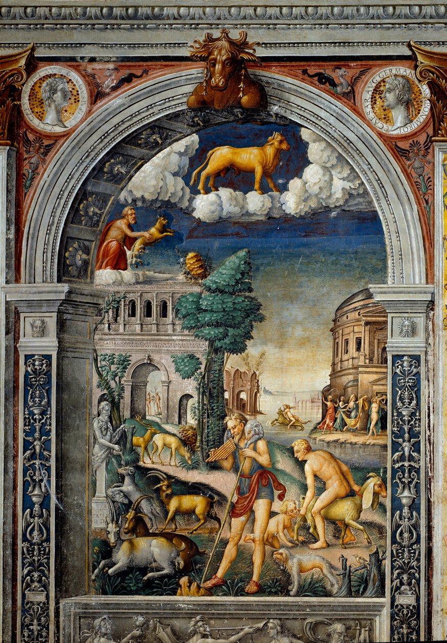 Sign of the Zodiac: The Bull. On top medallions with portraits of Tiberius and Caligula. Below, legend associated with the birth of the constellation corresponding to the sign: the god Pan playing the flute. On the left, a goat puts down a small one by Giovanni Maria Falconetto