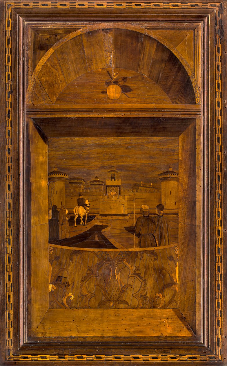 Lignaean Canonical Choir, Inlaid by Giovanni Maria Platina (1484), Superior Stall, View of the Sforzesco Castle of Milan by Giovanni Maria Platina