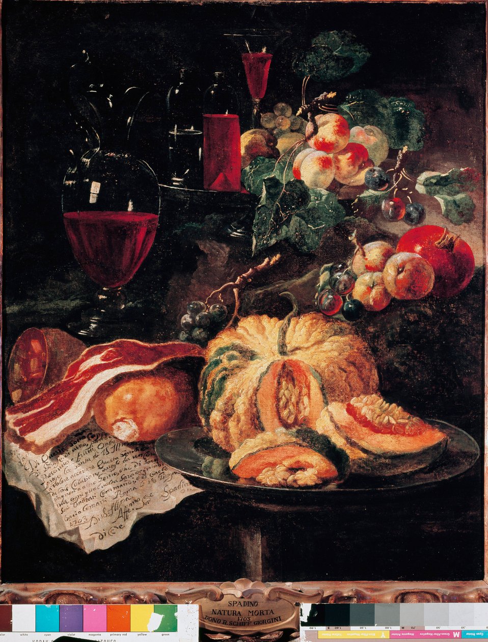 Still Life: Pumpkin, Bacon, Ham, Peaches and Wine by Giovanni Paolo Castelli