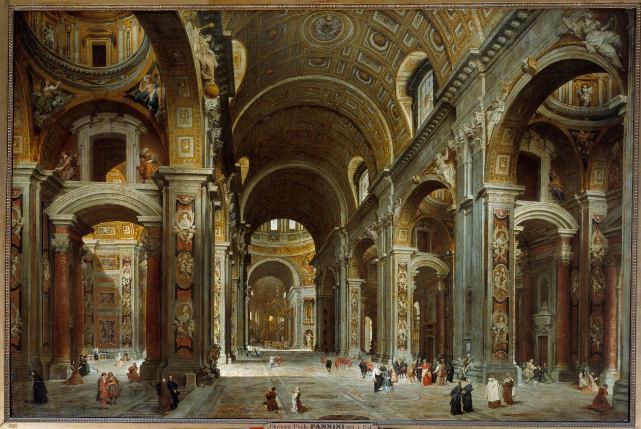 The prelate, diplomat and poet Melchior de Polignac visits the Basilica of St. Peter of Rome by Giovanni Paolo Pannini