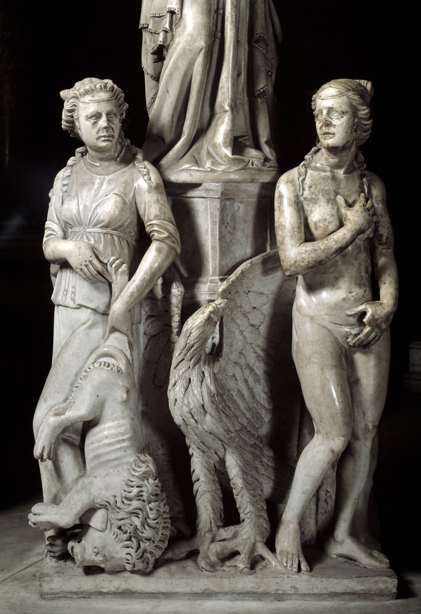 Detail of the sculpted groups supporting the Chair realized by Giovanni Pisano: two cardinal virtues by Giovanni Pisano