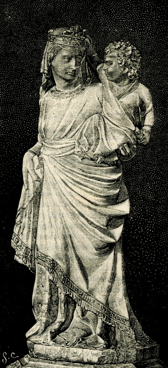 Madonna and Child, statue by Giovanni Pisano, Prato Cathedral, woodcut from Le cento citta d