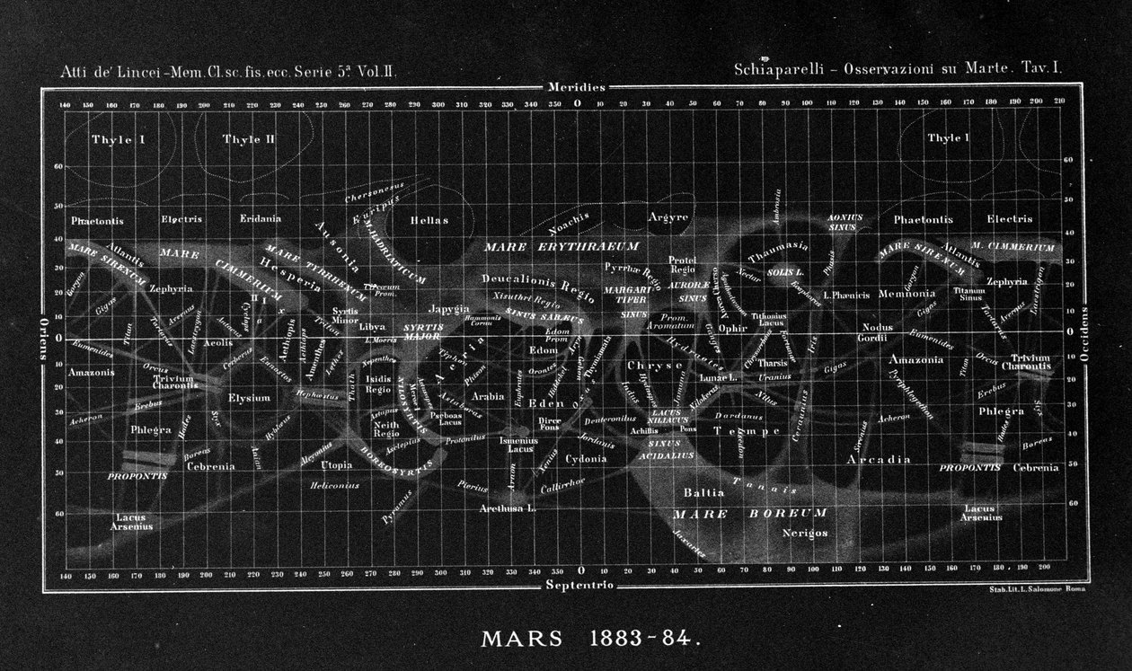 Map of the Planet Mars by Giovanni Virginio Schiaparelli, 1883-1884 by Giovanni Schiaparelli