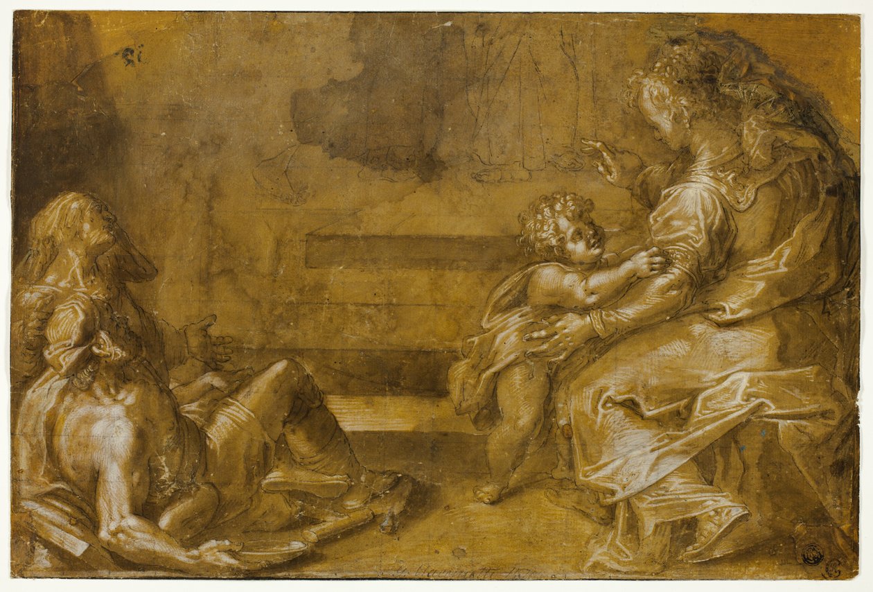Two Reclining Beggars, and Seated Mother and Child, at Foot of Steps by Girolamo Macchietti