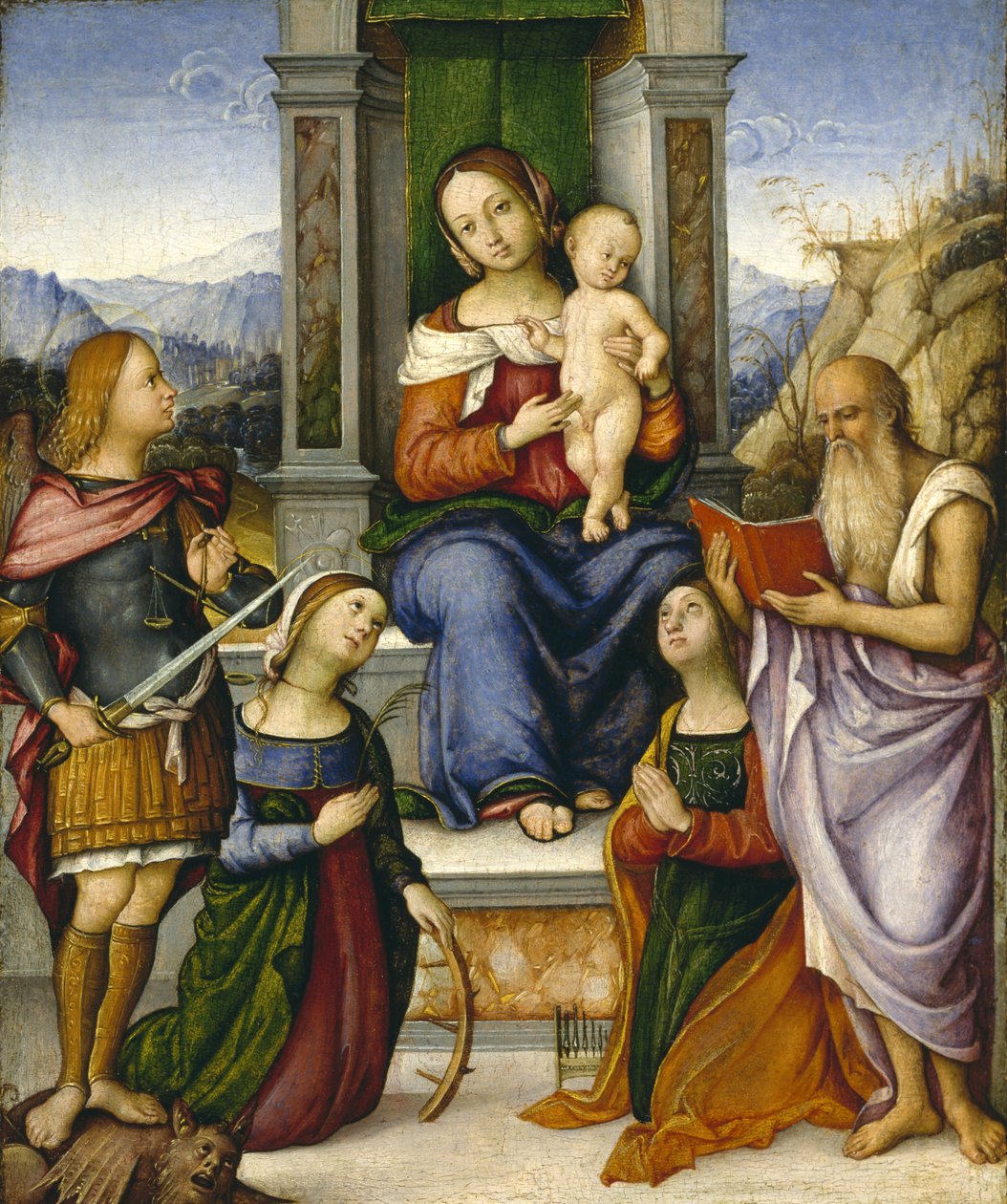 The Virgin and Child Enthroned with Saints Michael, Catherine of Alexandria, Cecilia, and Jerome by Girolamo Marchesi da Cotignola