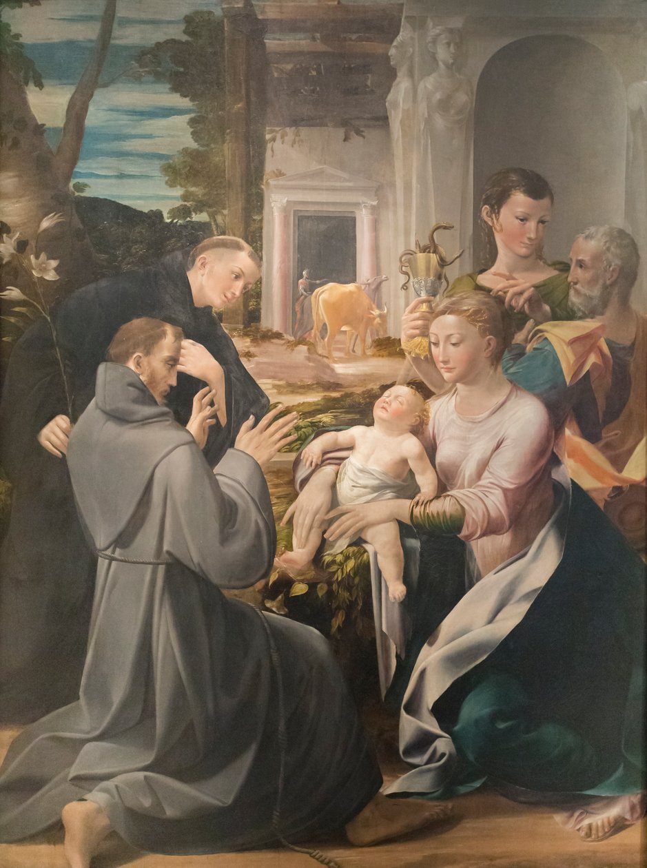 Holy Family with St Anthony of Padua, St Francis of Assisi and St John the Evangelist by Girolamo Mazzola Bedoli