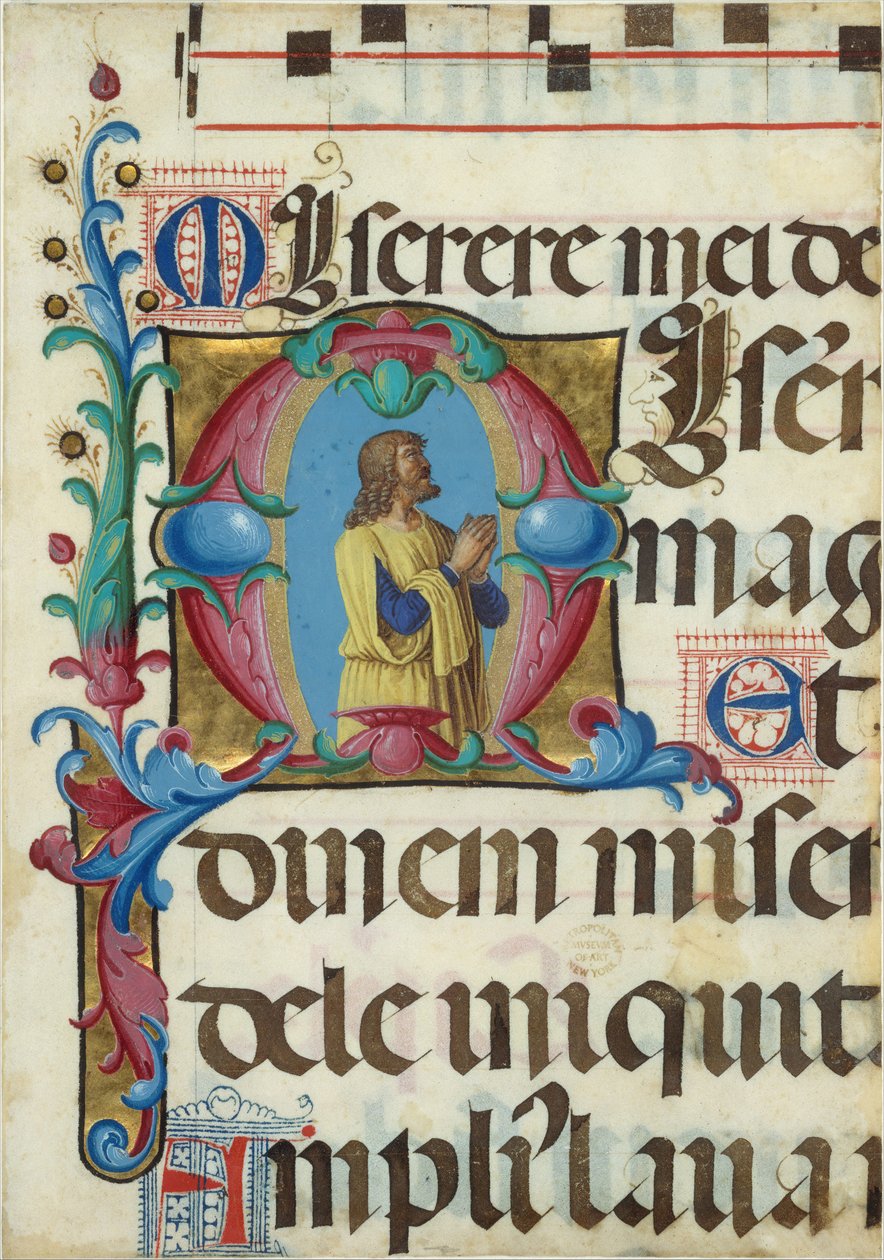 Manuscript Illumination with David in Prayer in an Initial M, from a Psalter, Italian by Girolamo dai Libri