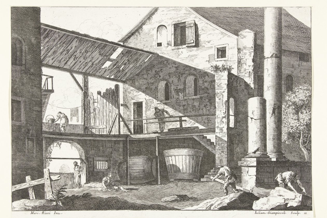 Farmyard with Two Large Barrels (series title) by Giuliano Giampiccoli