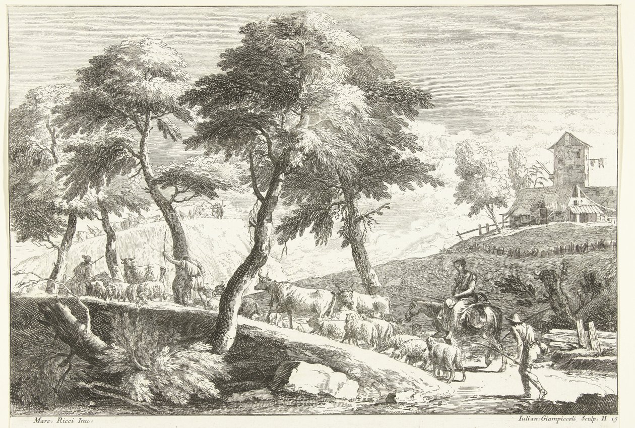Hilly Landscape with Shepherds and Cattle by Giuliano Giampiccoli