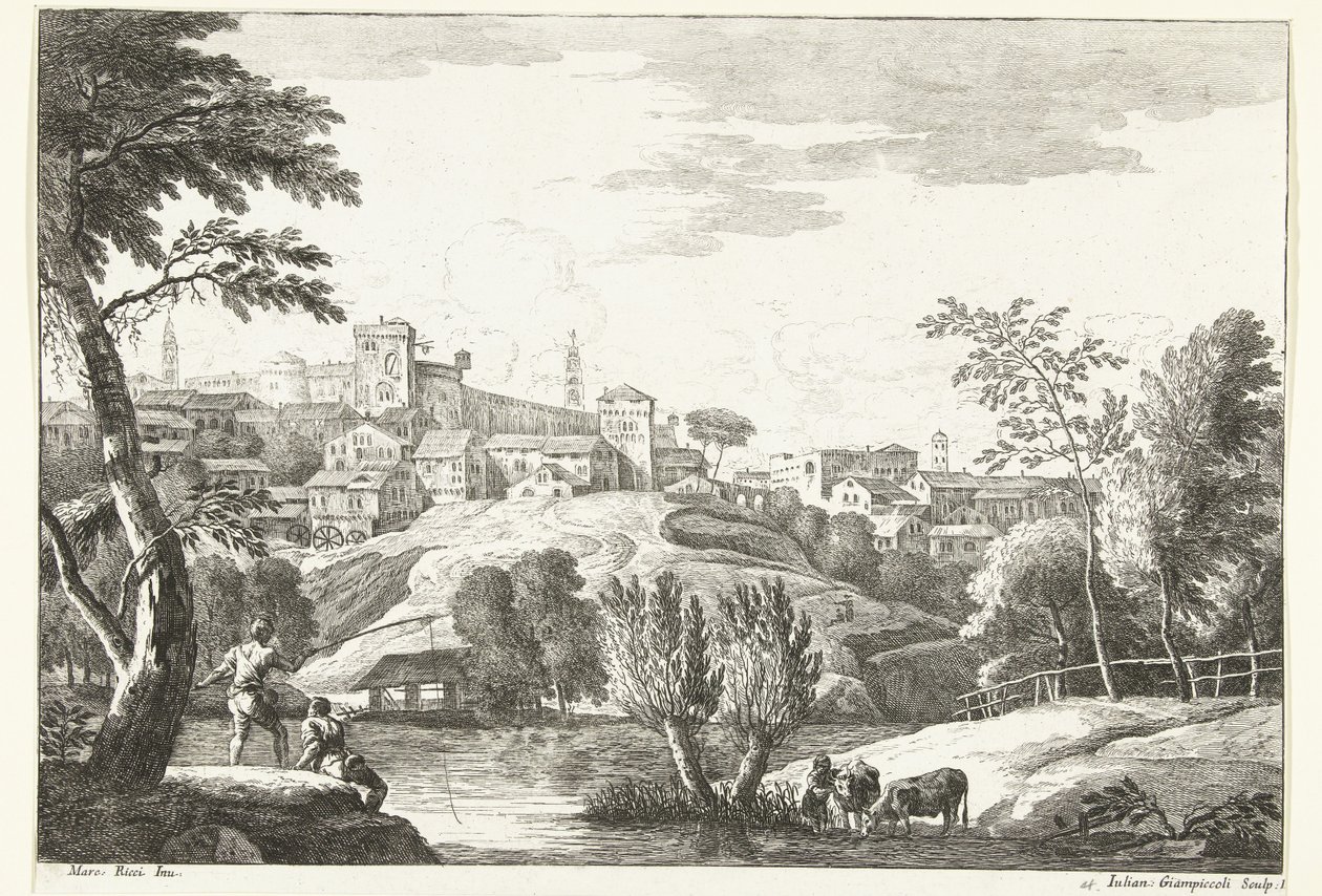 Hilly Landscape with City and Angler (series title) by Giuliano Giampiccoli