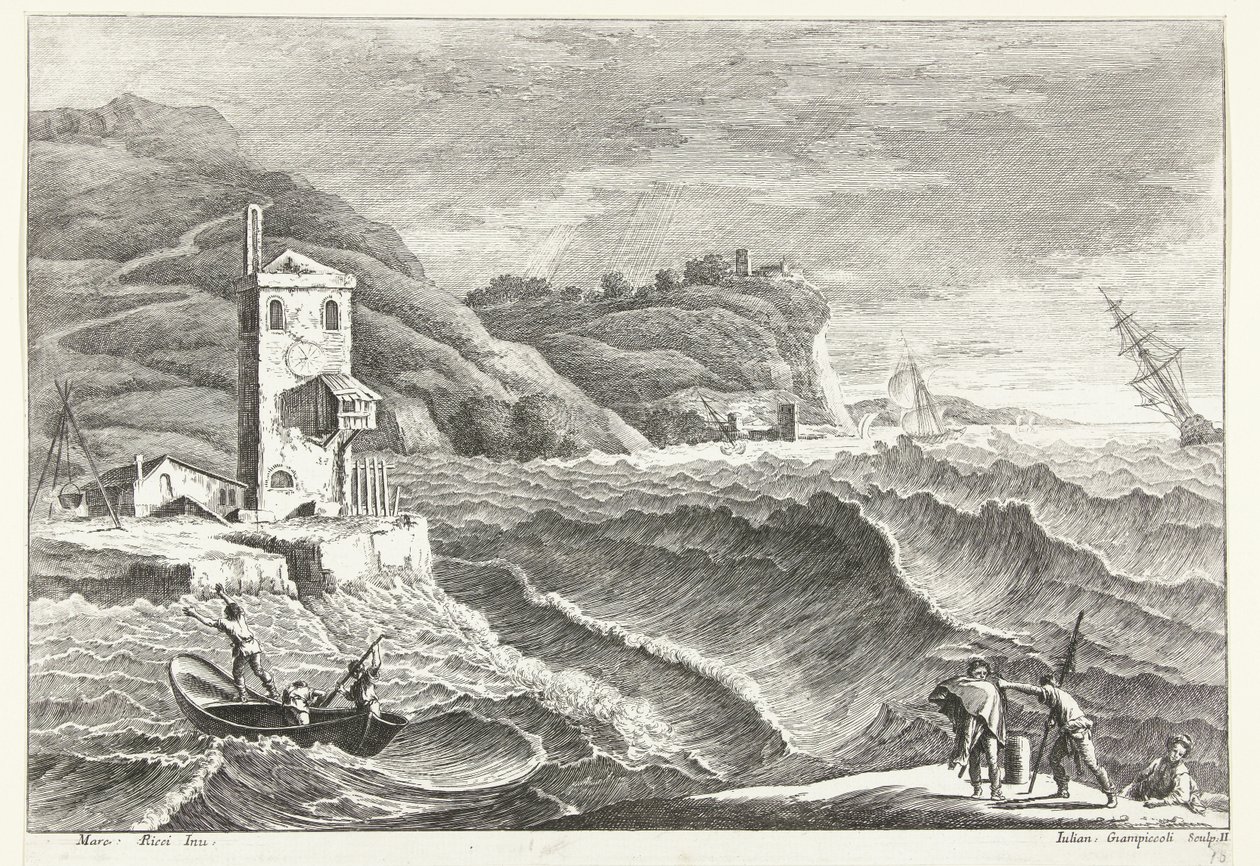 Coastal Landscape with Storm at Sea and Beacon Italian Landscapes (series title) by Giuliano Giampiccoli