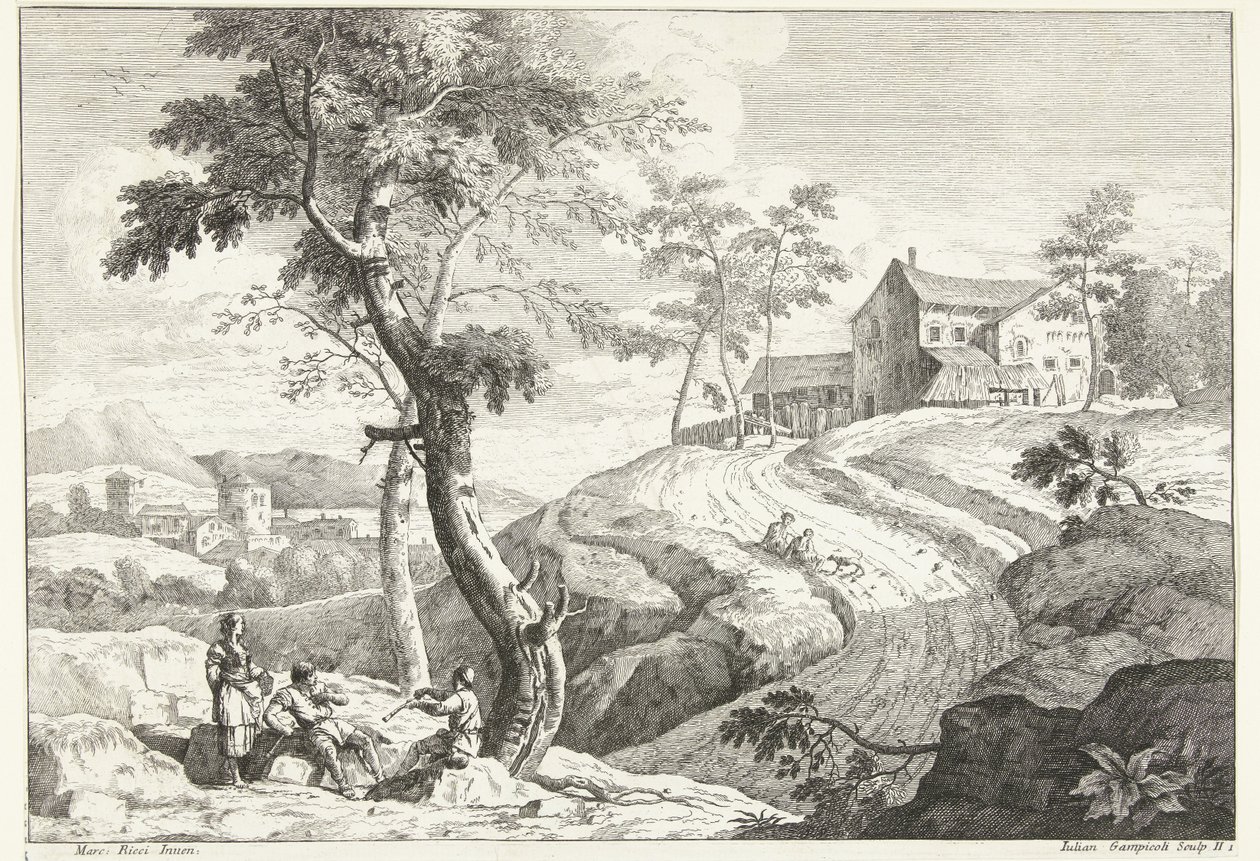 Landscape with Flute Players by a Tree (Italian Landscapes) by Giuliano Giampiccoli