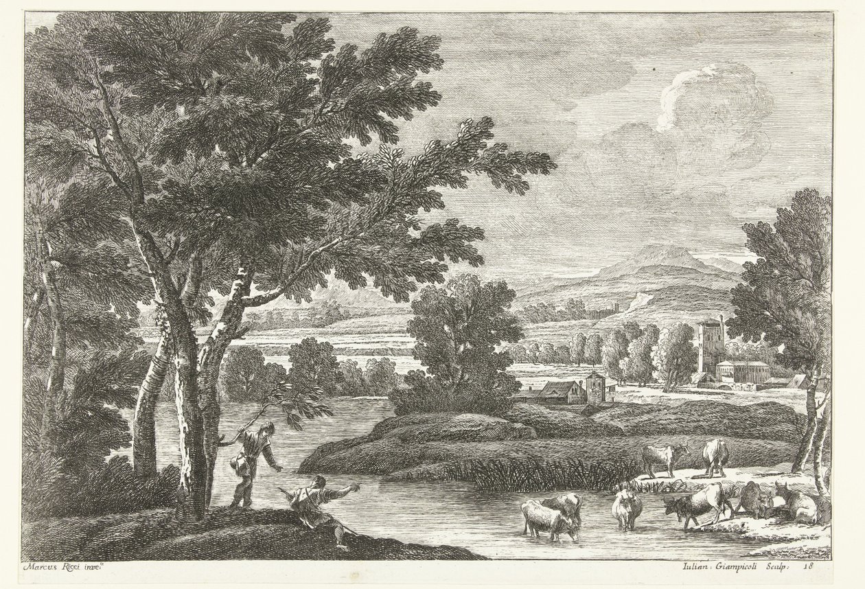 Landscape with Shepherds and Cattle by Water (Italian Landscapes) by Giuliano Giampiccoli