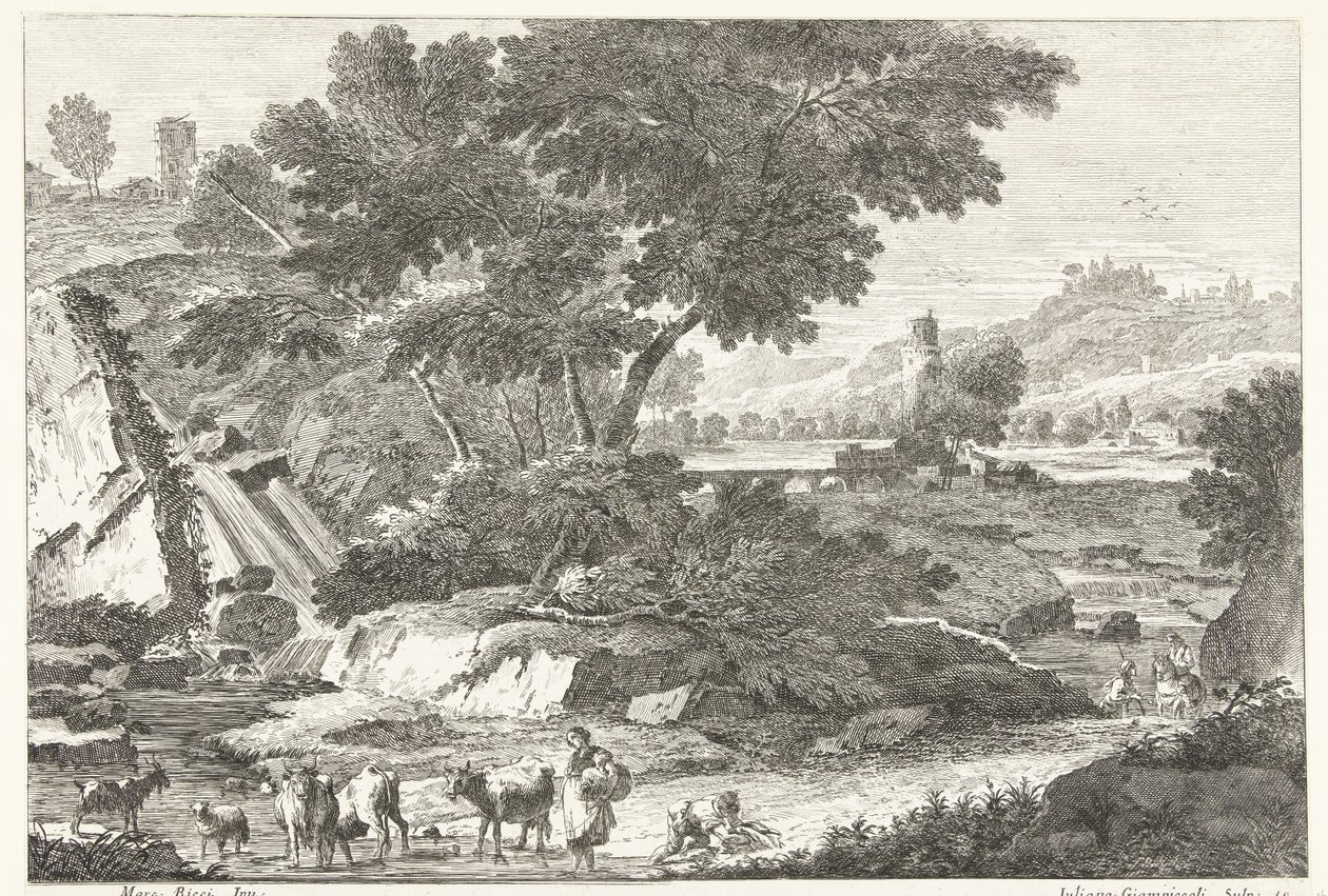 Landscape with Shepherds and Cattle by a Waterfall Italian Landscapes (series title) by Giuliano Giampiccoli
