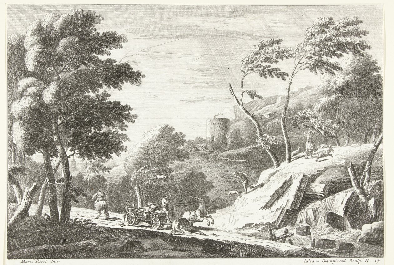 Landscape with Thunderstorm and Frightened Animals by Small Waterfall Italian Landscapes (series title) by Giuliano Giampiccoli