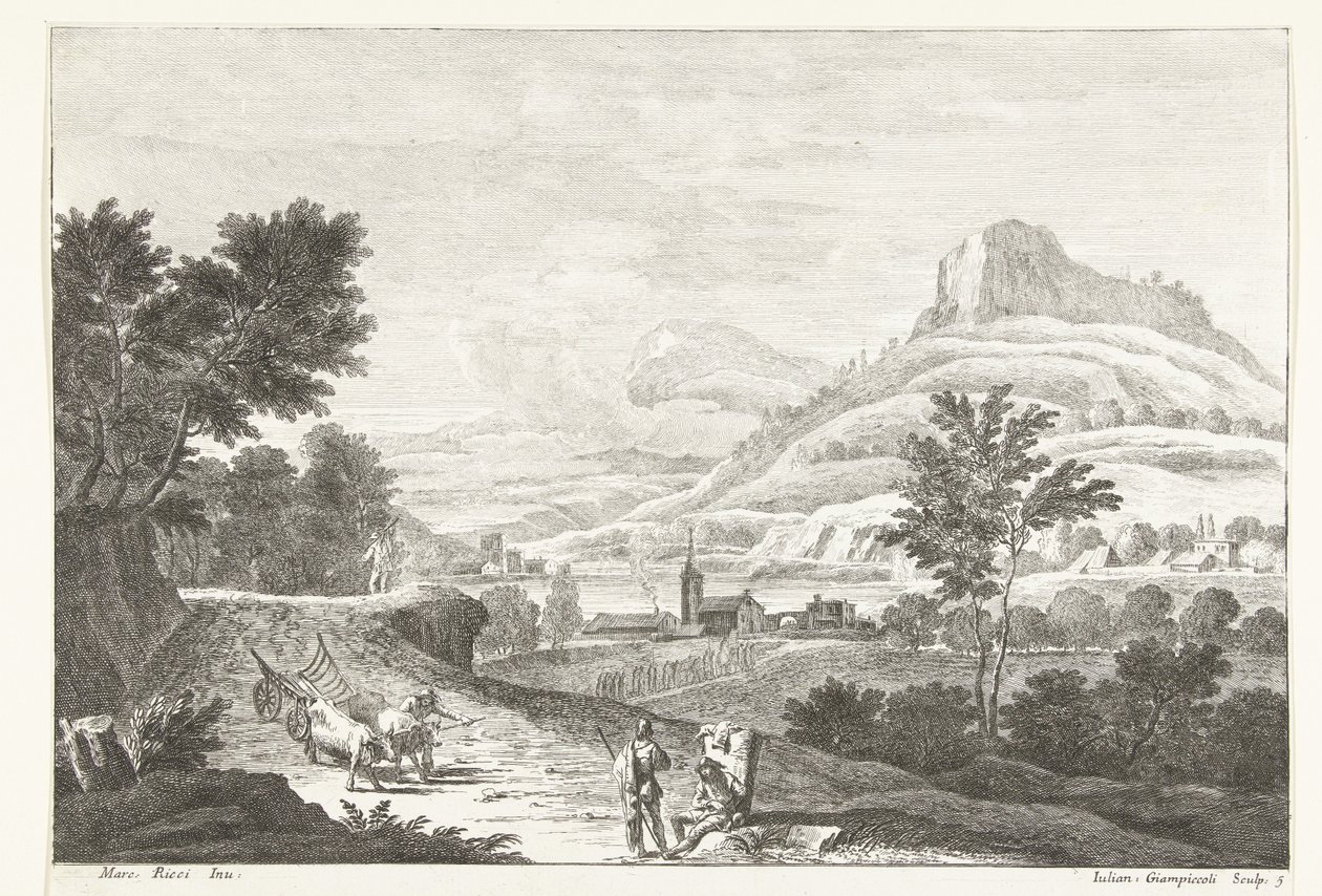 Landscape with Ox Cart and Funeral (series title) by Giuliano Giampiccoli
