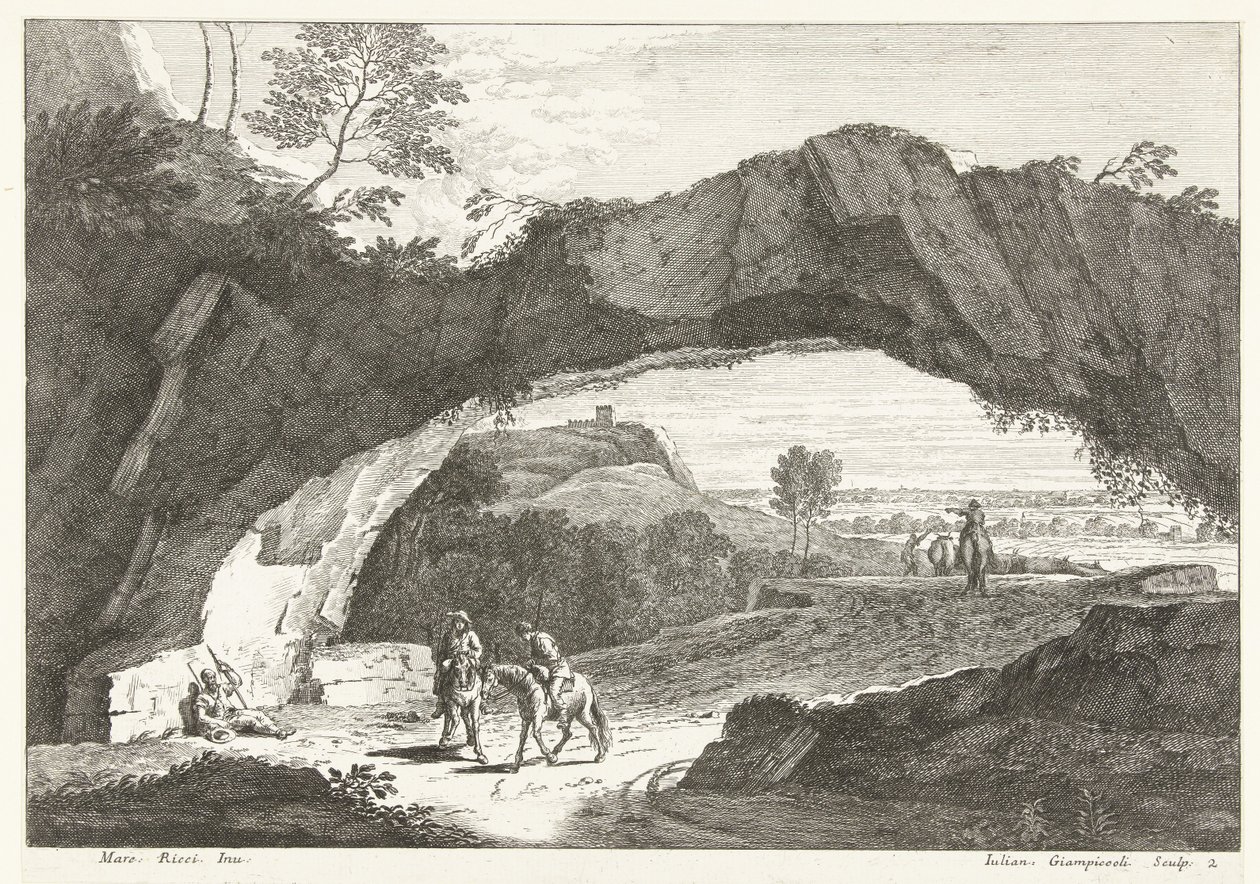Landscape with Stone Bridge and Several Figures (series title: Italian Landscapes) by Giuliano Giampiccoli