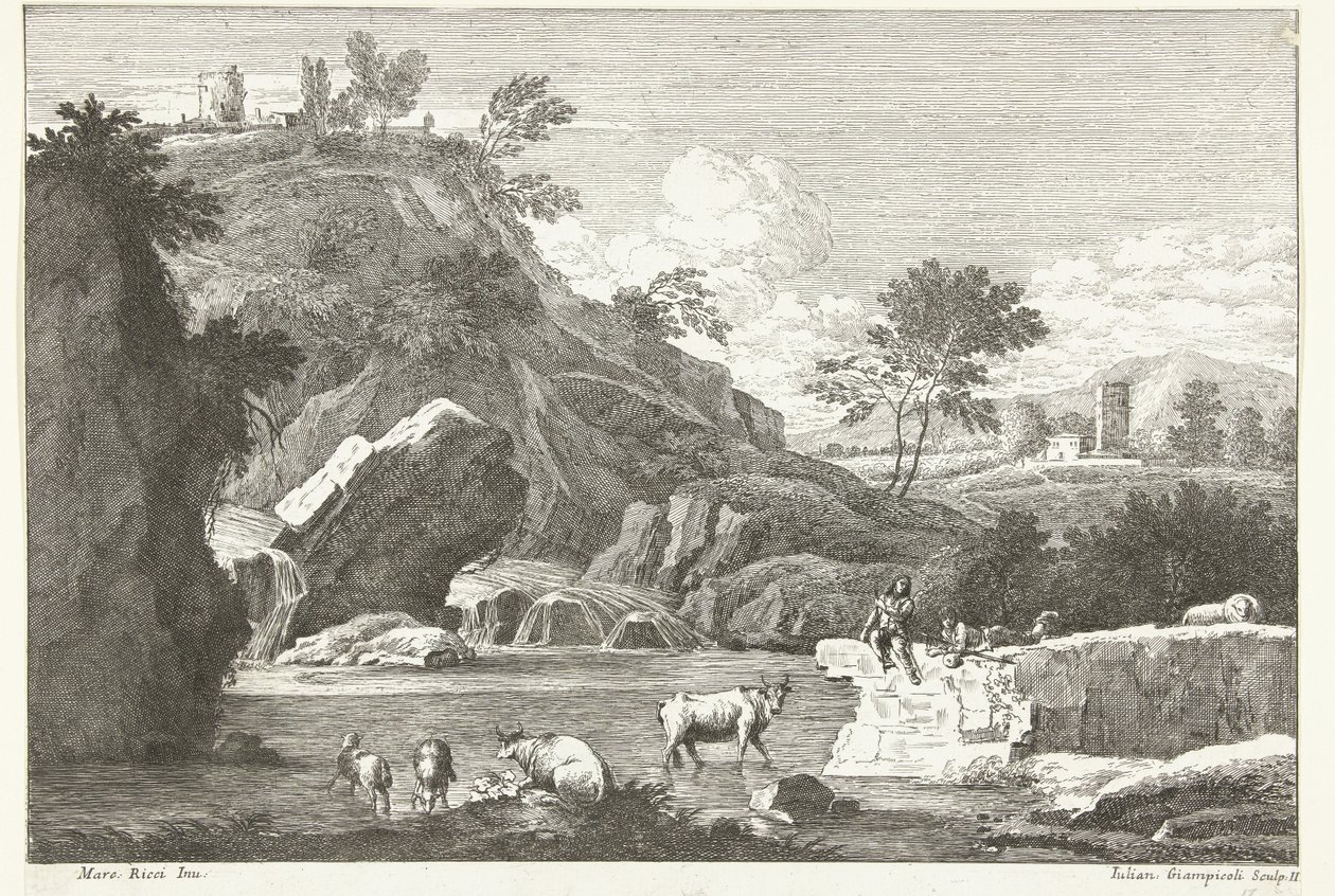 Landscape with Two Shepherds and Cattle by Water (series title: Italian Landscapes) by Giuliano Giampiccoli