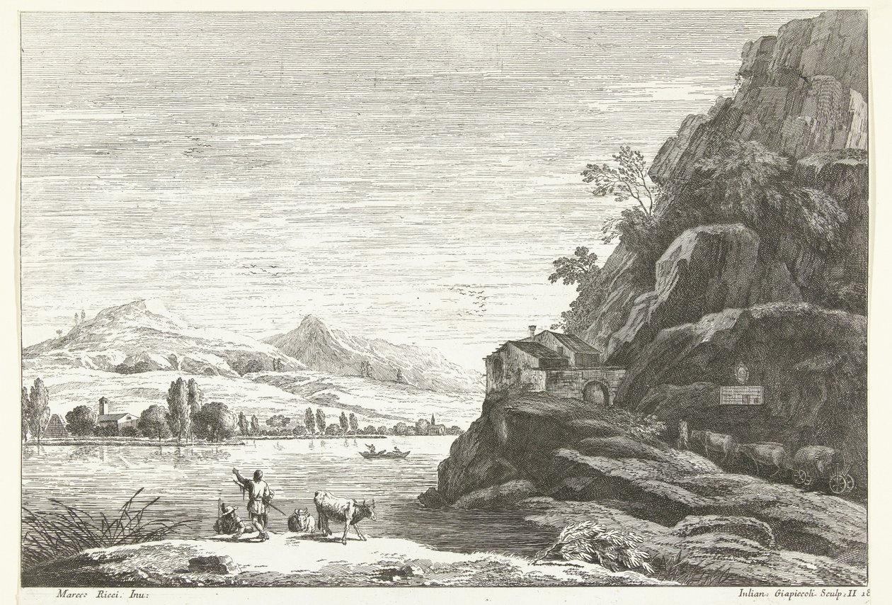 River Landscape with House against Rock (series title: Italian Landscapes) by Giuliano Giampiccoli