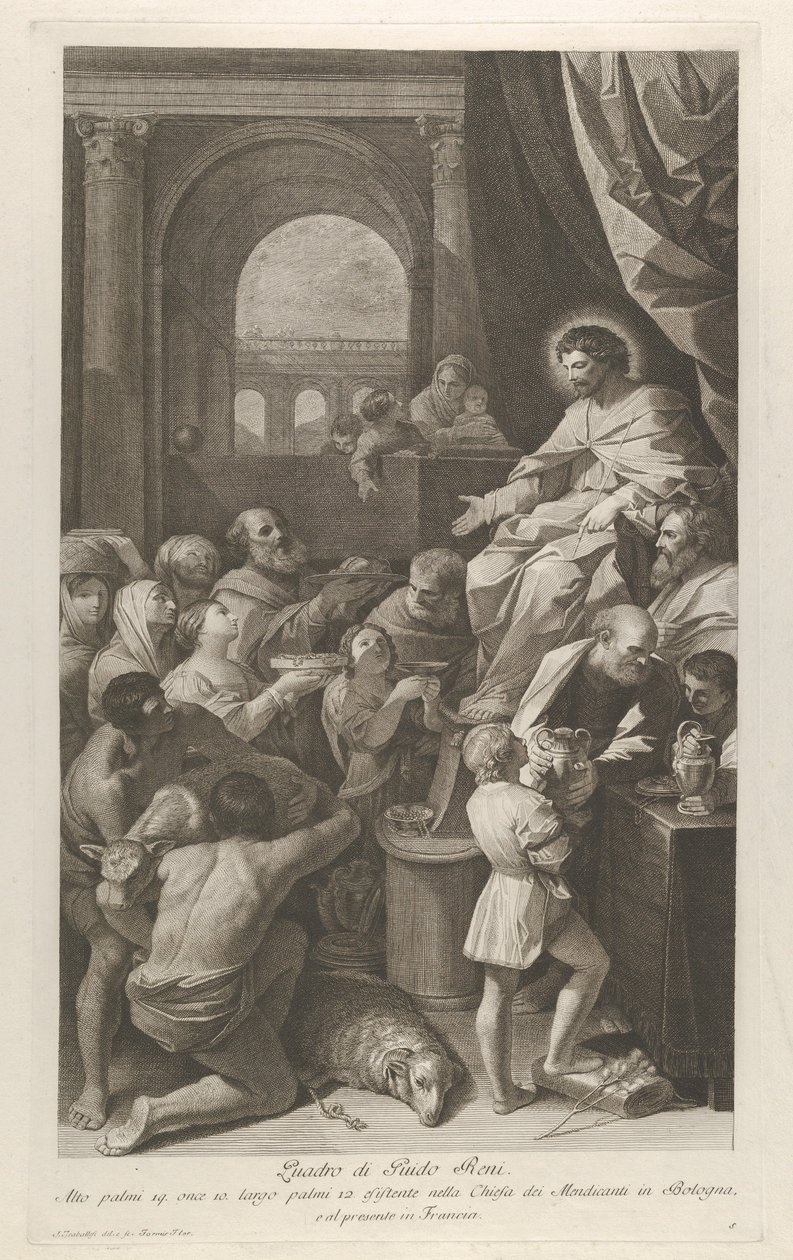 Saint Job seated at right receiving the gifts of the people by Giuliano Traballesi