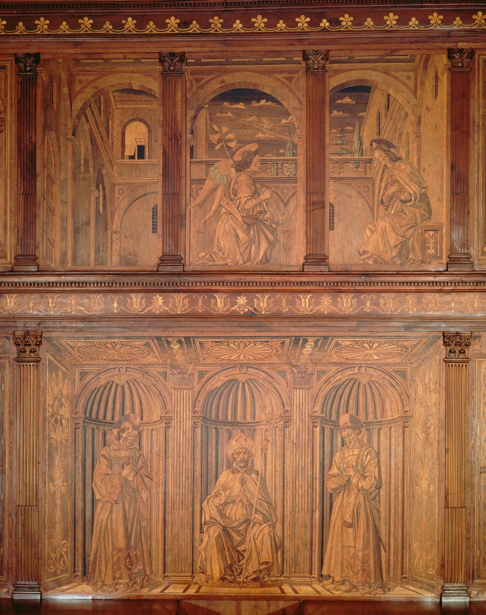 Post restoration cupboards in the North Sacristy depicting the Annunciation and a Bishop Enthroned by Giuliano da Maiano